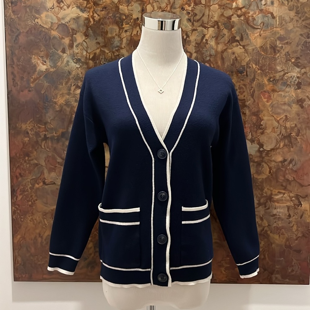 Zara Navy Blue Cardigan with White Trim